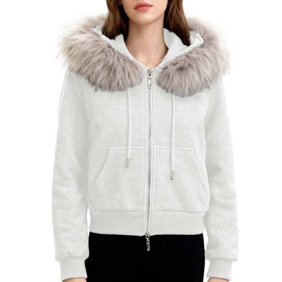 Fiaer Cropped Hoodies for Women Thermal Warm Hooded Jacket Slim Fit Drawstring Thickened Sweatshirt Long Sleeve Casual Trendy Tops with Pocket White S