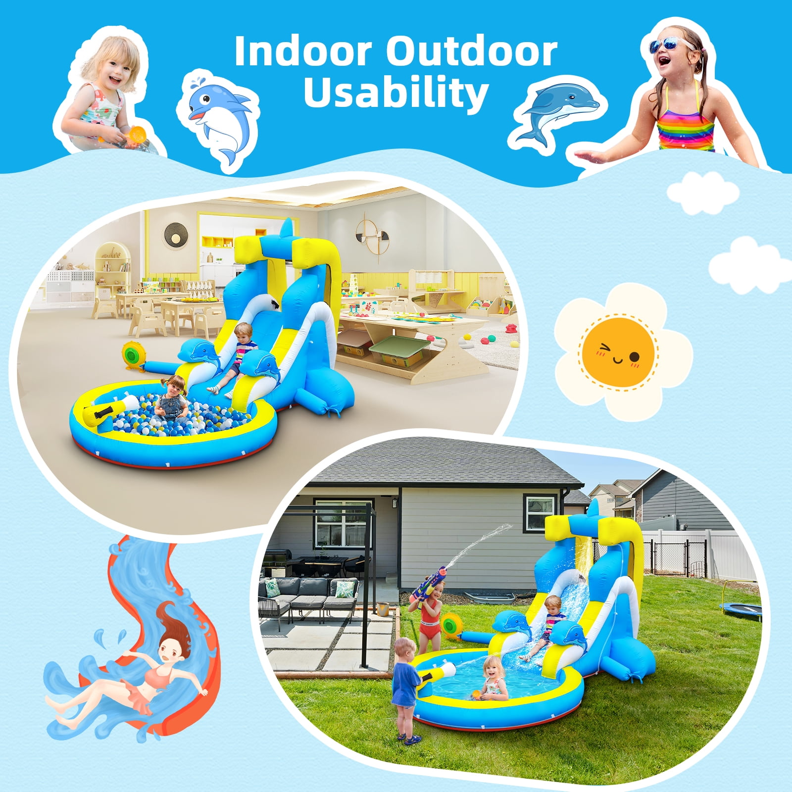 Inflatable Water Slide: 4 in 1 Bounce House Water Park Dolphin Style for Kids - Climbing Wall Splash Pool Water Cannon - 370W Blower - Wet & Dry Indoor Outdoor Backyard Birthday Party