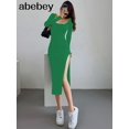 thumbnail image 1 of Vestido de suéter ajustado por encima de la rodilla para mujer, cuello cuadrado, sexy, abertura francesa, Primavera e invierno, 2022, 1 of 4