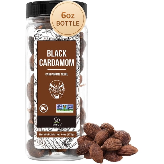 Soeos Black Cardamom 6oz(170g), Whole Kali Elaichi Pods - Freshly Dried, Smoky Flavor, NON-GMO Verified, Kosher for Asian & Indian Cooking.