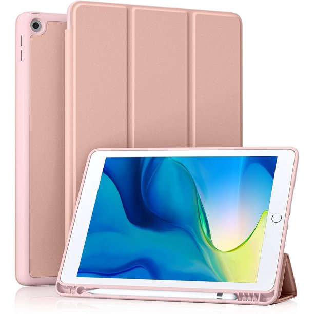 Funda para iPad de 10,2 pulgadas, iPad de 9.ª/8.ª generación y iPad de 7.ª generación con soporte para lápiz, funda protectora con parte trasera de TPU suave, función de reposo/activación