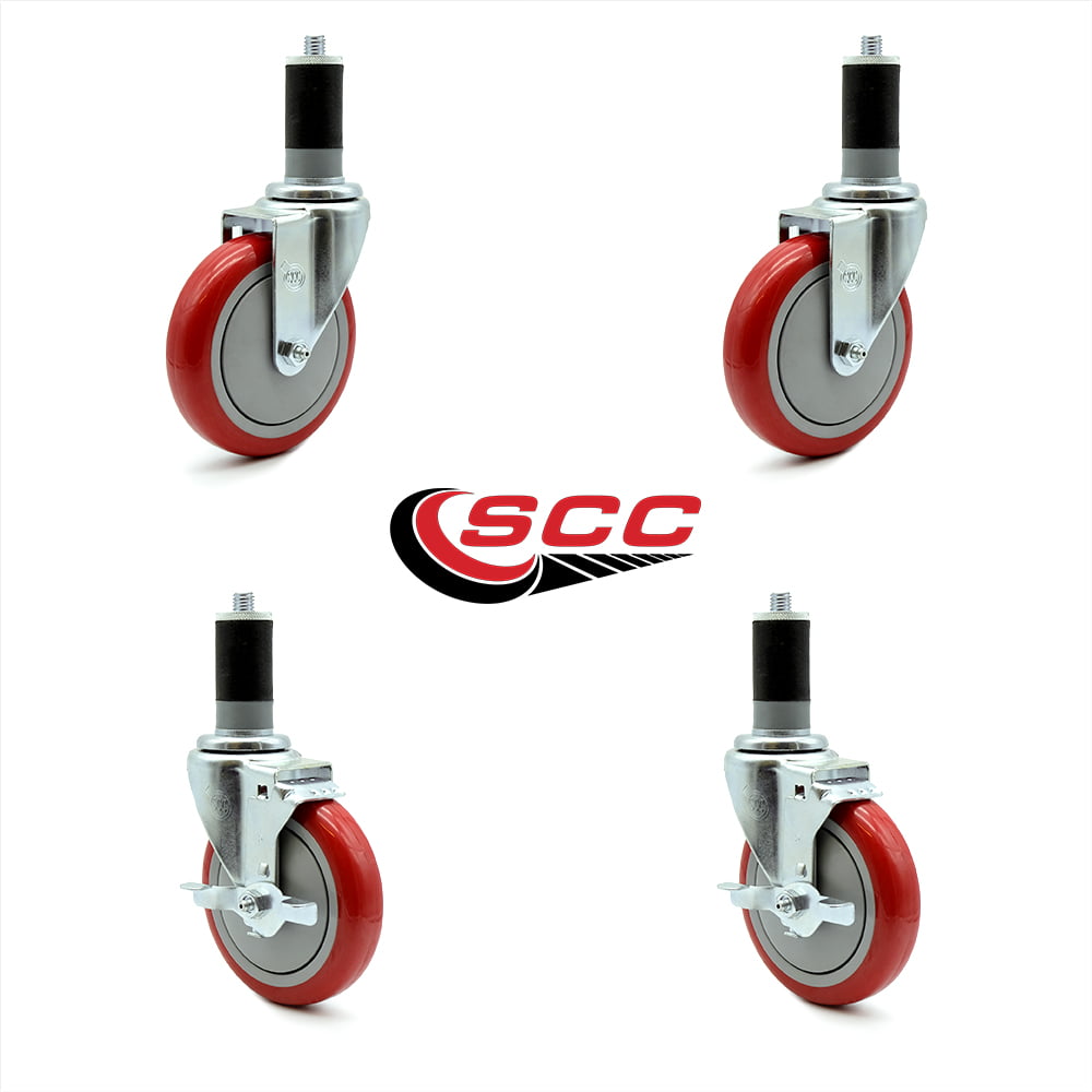 SCC 4" Red Polyurethane Caster w/1-1/2" Expanding Stem w/Total Lock Brake 
