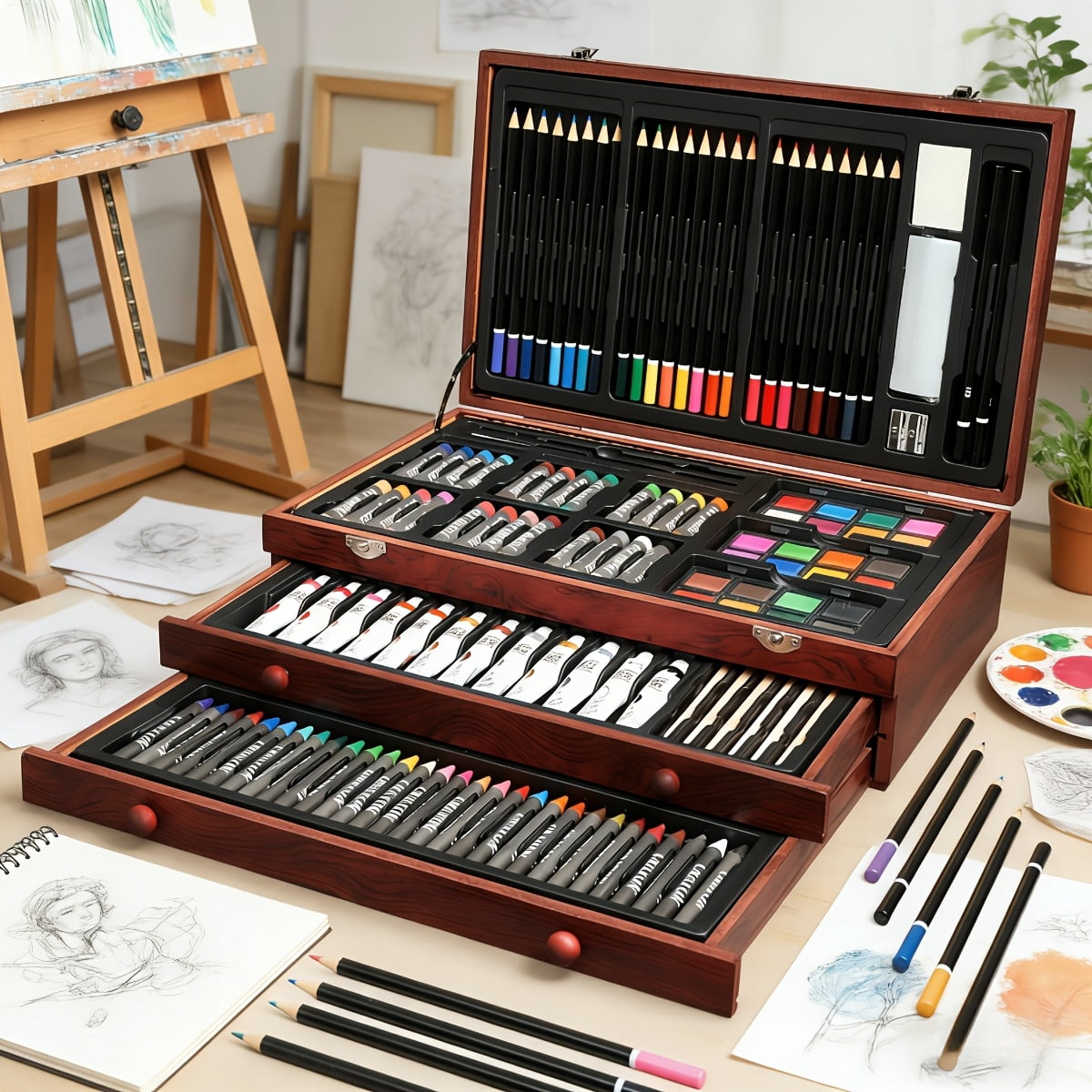 175-Piece Art Brush & Painting Supply Organizer, Portable Case for Watercolor, Crayons & Markers