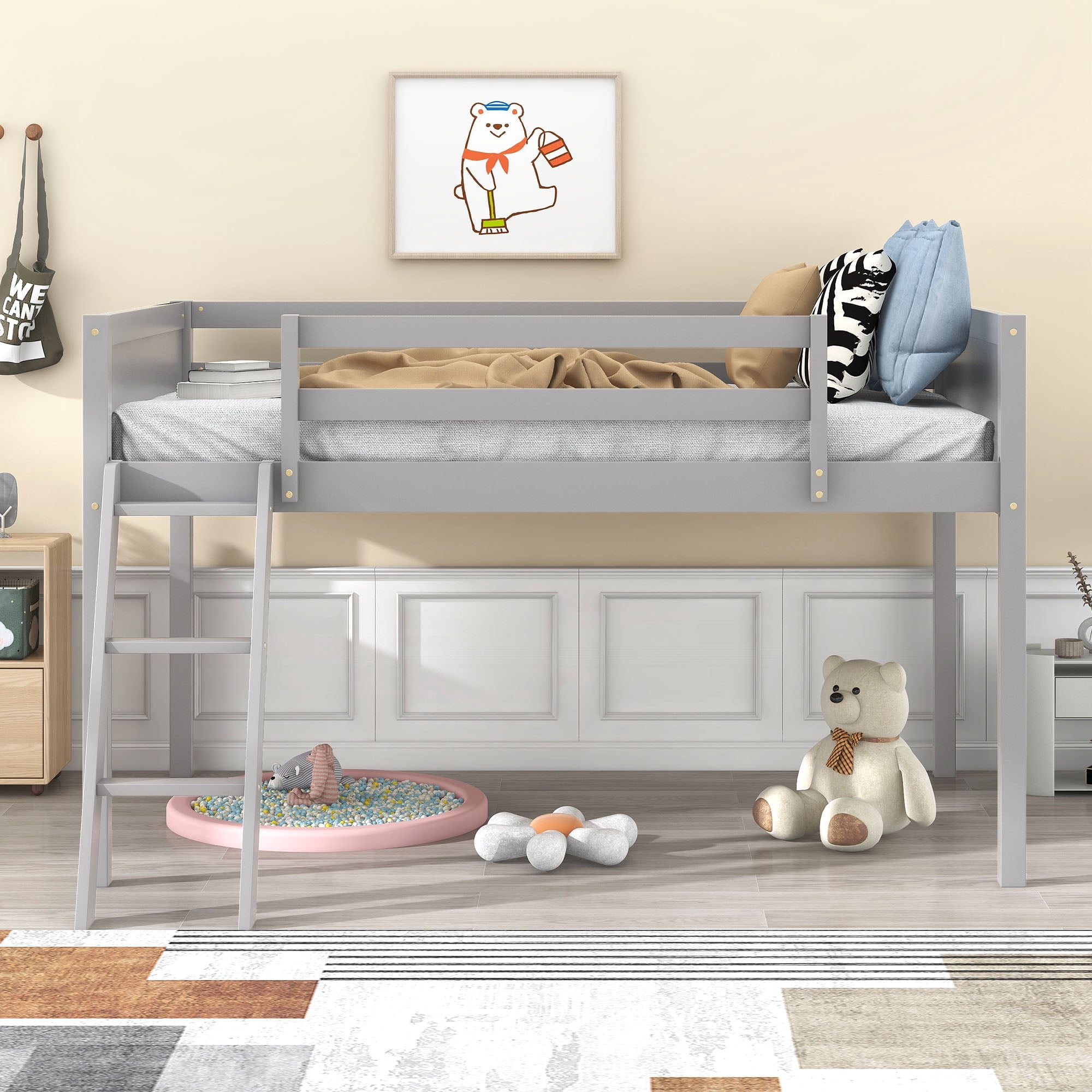 Euroco Wood Loft Bed with Ladder, Twin Size Low Loft Bed for Kids Teens, Gray