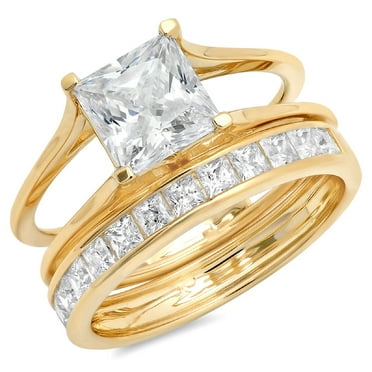 2.28 ct Princess Cut Real Genuine Natural Diamond SI1-SI2 J-K 18K Yellow Gold Engagement Wedding Bridal Set Designer Ring bW/ Set W/ Crystal side stones size 3.5