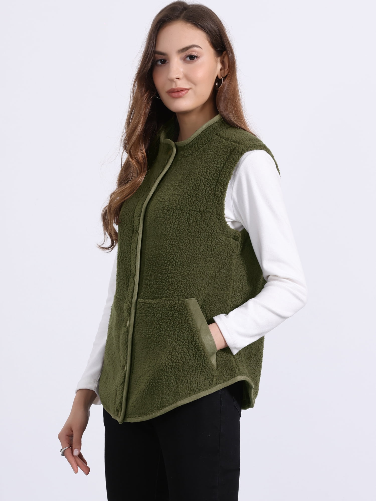 DARING DIVA Women's Fleece Button Down Jacket with Pockets Oversized Fuzzy Vests M Army Green