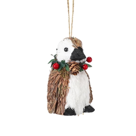 Straw Woven Penguin Christmas Ornament, Rustic Woodland Animal Hanging Decoration with Berry Pinecone Accent for Xmas Tree Farmhouse Holiday Home Decor
