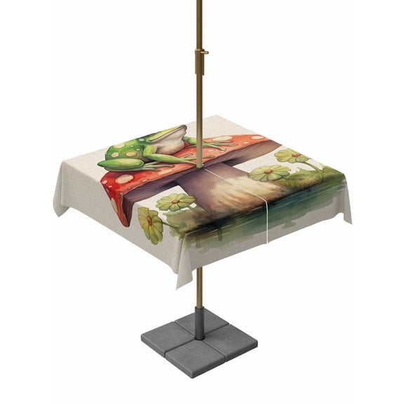Outdoor Tablecloth with Umbrella Hole, Mushroom Frogs Spillproof Waterproof Outdoor Table Cover, Spring Floral Green Botanical Rustic Patio Tablecloths for Party/Garden/Picnic, Square 54"x54"