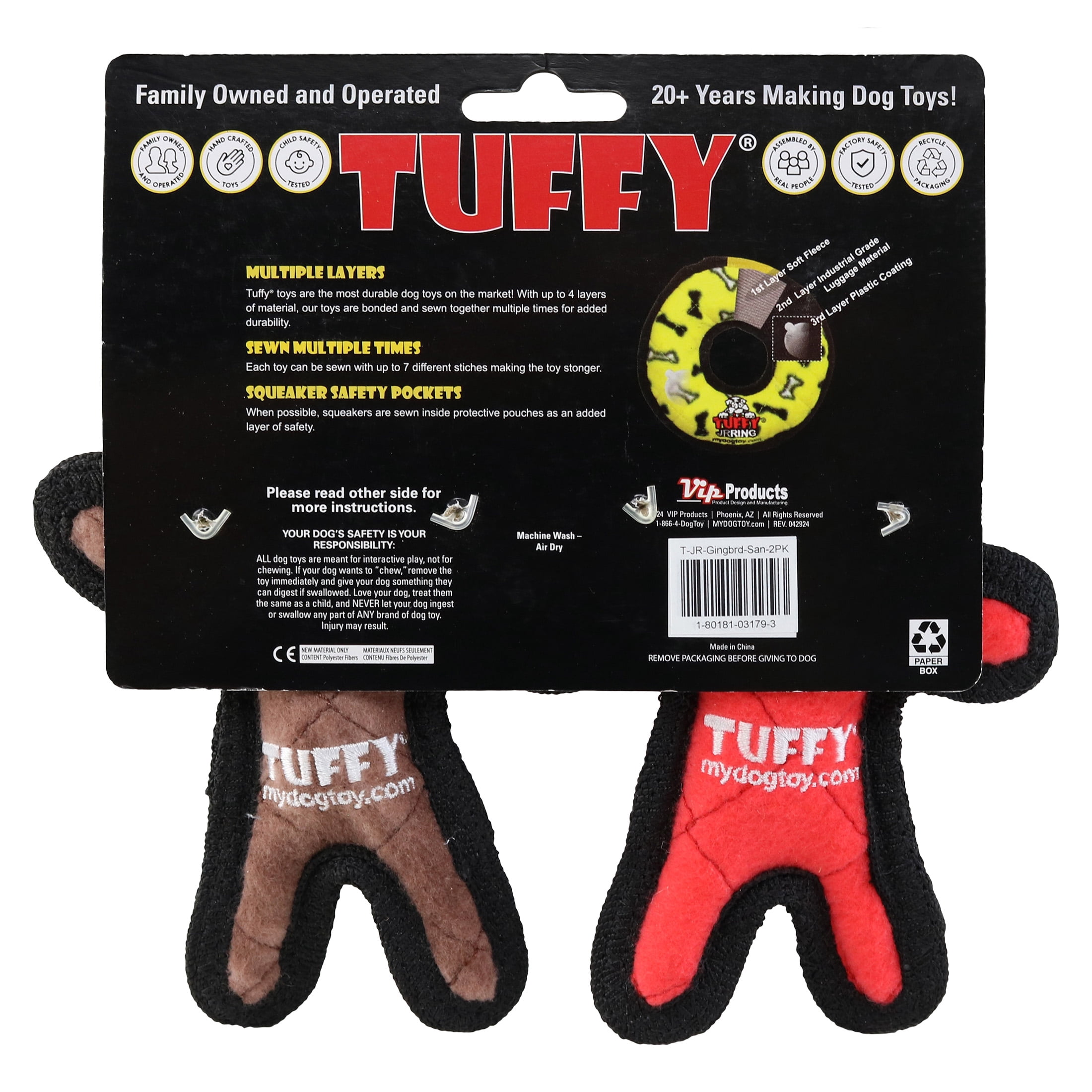TUFFY Jr Holiday Gingerbread Man and Santa Durable Plush Squeaky Dog Toy, 2-Pack