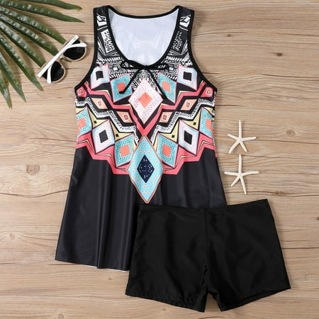 Sksloeg 2024 Modest Tankini Swimsuits 2 Piece Retro Print Bathing Suits Tops with Boyshorts Modest Loose Fit Swimwear Black S