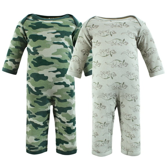 Hudson Baby Infant Boy Thermal Coveralls 2pk, Sage Dinosaur, 0-3 Months