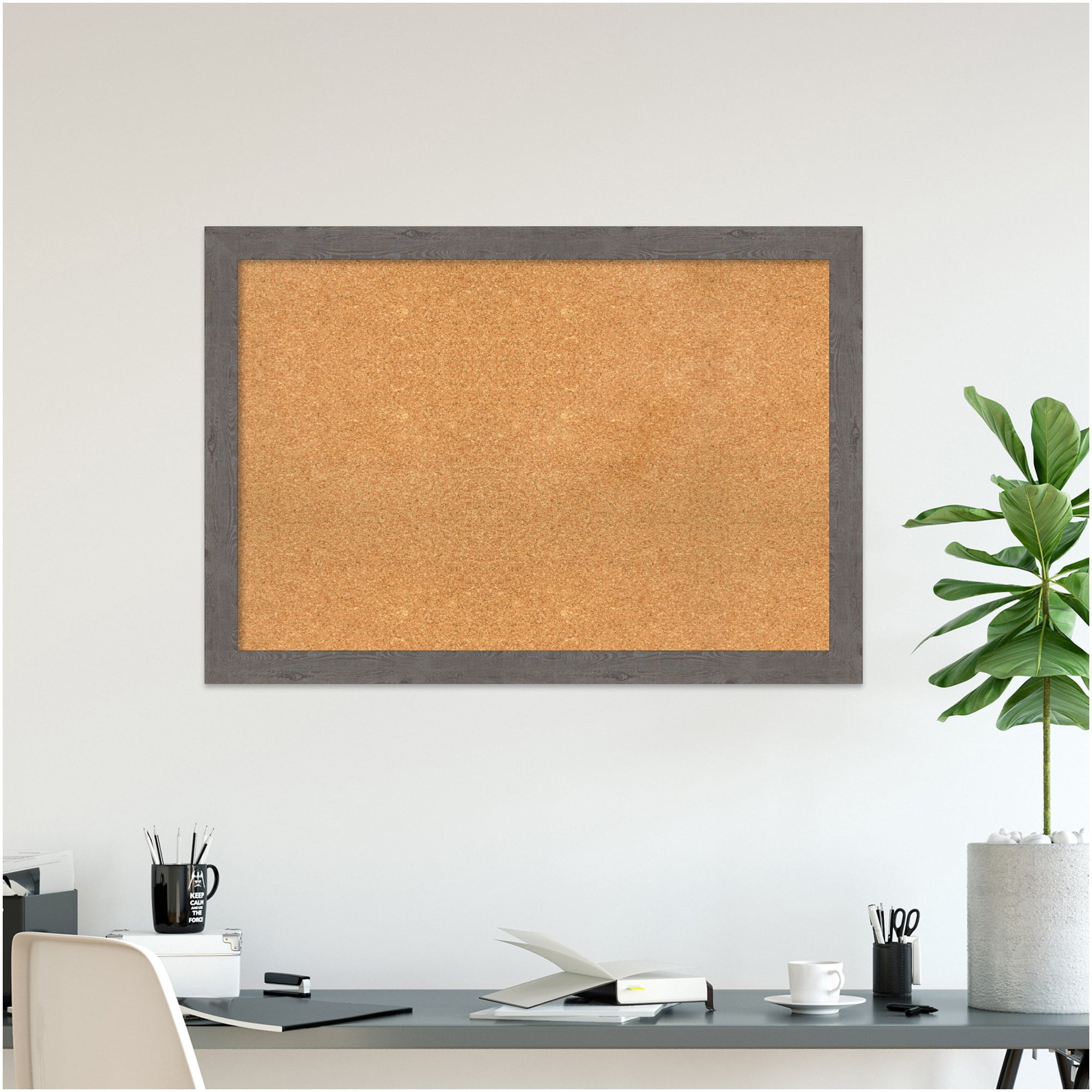 Amanti Art Natural Cork Board Framed Rustic Plank Grey Narrow Bulletin Board 39 in. x 27 in.