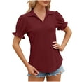 thumbnail image 3 of CALAFEBILA Women's Graphic T Shirts Brethable Womens Blouse,Women Fashion Solid Color Blouse Summer Puff Sleeve Lapel Tops for Women 2024, 3 of 4