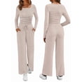 thumbnail image 3 of Women'S 2 Piece Matching Lounge Sets Fall Fashion Outfits Henley Neck Sweater Top Wide Leg Pants Sweat Suits Apricot M, 3 of 8