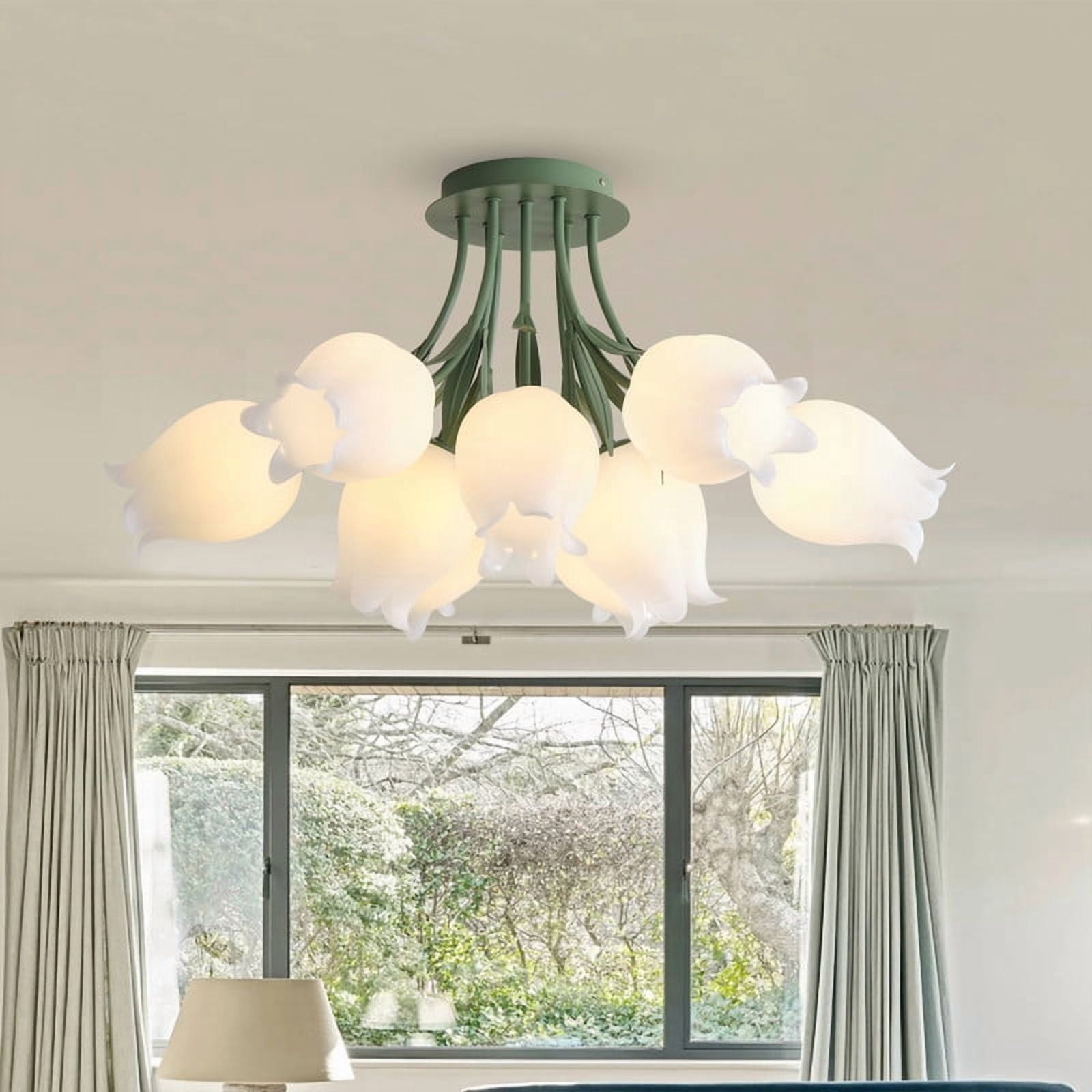 30.7 inches Flush Mount Ceiling Light with White PE Shades, 9-Light Dining Room Light Fixture, Floral Design