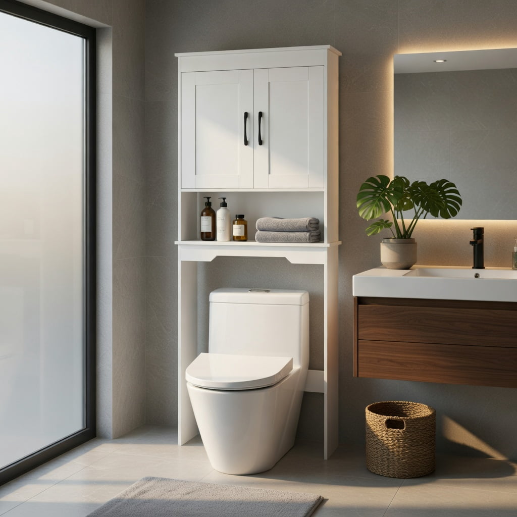 Hommoo Over-Toilet Bathroom Organizer Cabinet, Space-Saving Storage Unit with Adjustable Shelf, Soft-Close Hinges & Wall Anchors for Small Bathrooms, White