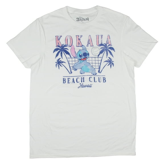 Disney Women's Lilo and Stitch Kokaua Beach Club Hawaii Stitch Volleyball Junior's Crewneck Short Sleeve T-Shirt