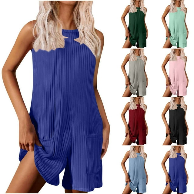 QATAINLAV Women's Dressy Short Jumpsuits Ribbed Knit Sleeveless Tank Tops Rompers Summer Casual Loose Wide Leg Overalls with Pockets Blue L Lightning Prime Today