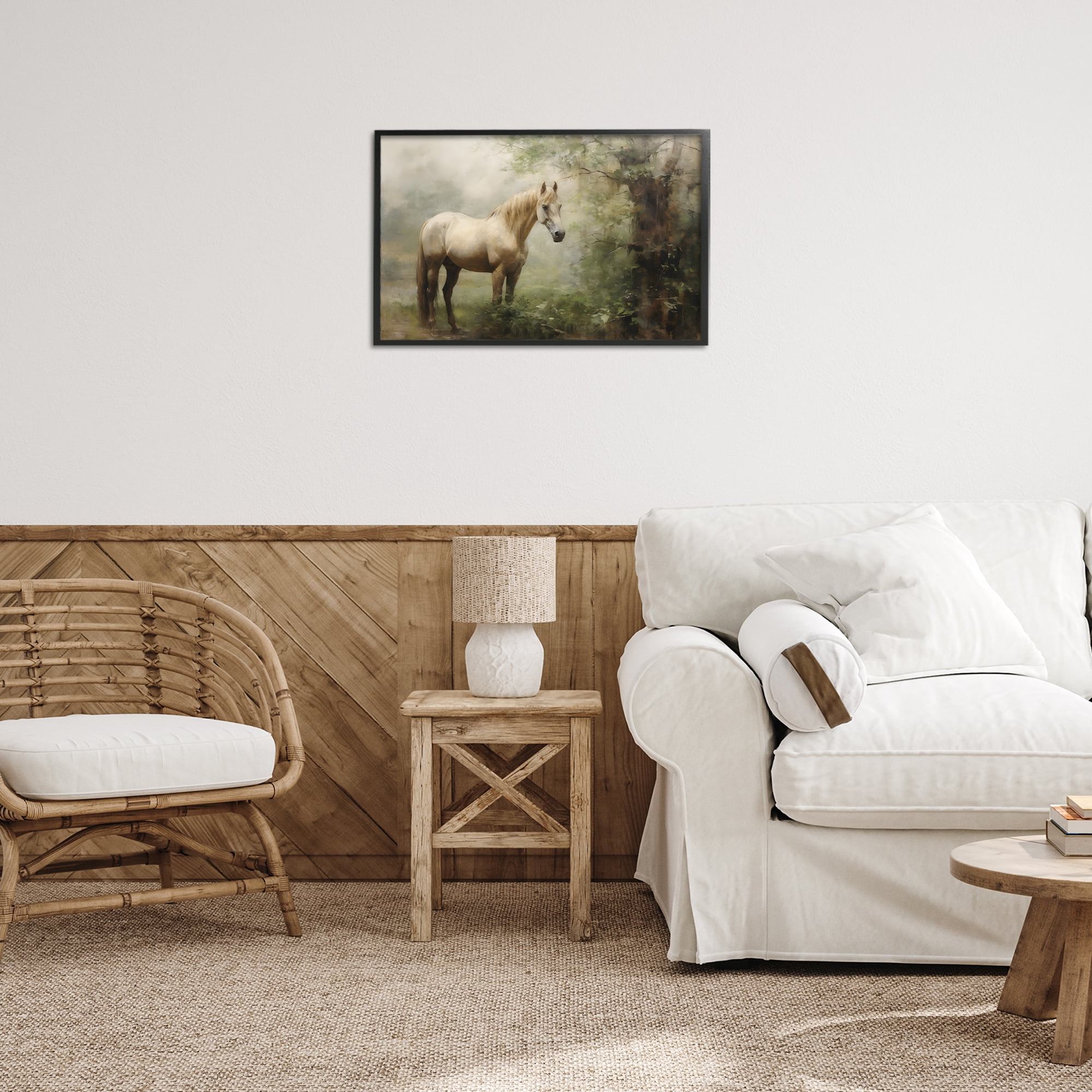Stupell Industries Horse in Forest Woods Landscape Painting Black Framed Art Print Wall Art, 24 x 16