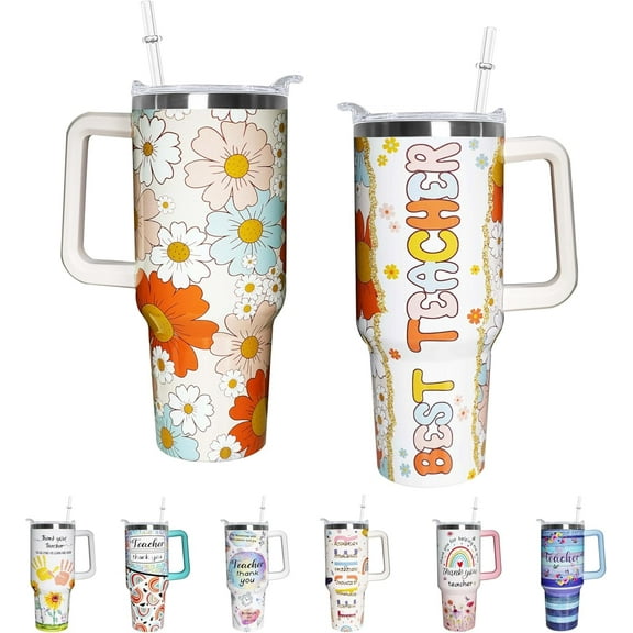 Teacher 40 oz Tumbler Appreciation Gifts for Women with Handle Insulated Stainless Steel Thank You Teacher Travel Coffee Mug with Lid and Straw Gifts