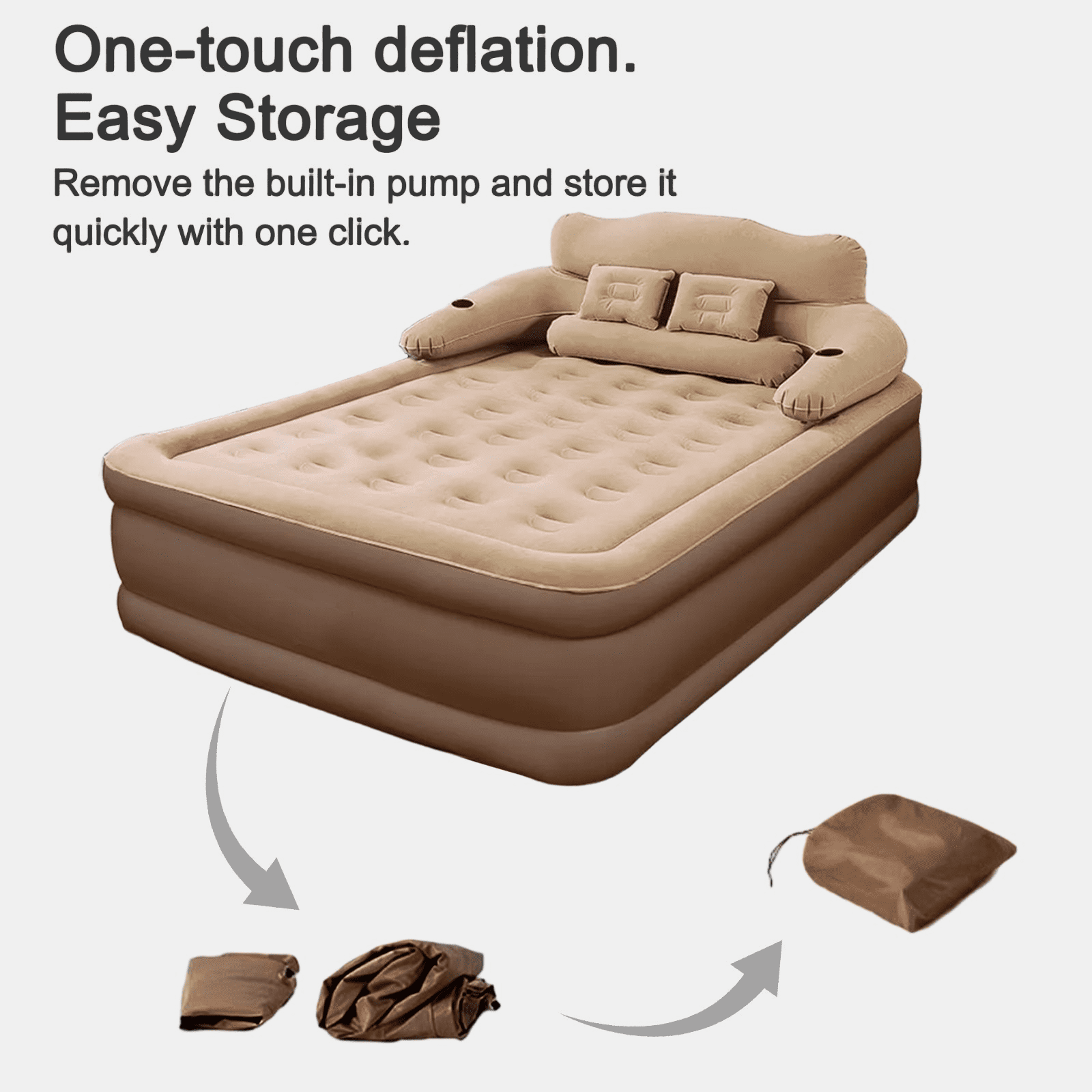 JieC Air Mattress , Inflatable Airbed with Built-in Pump & Headboard for Guest Home Camping Travel, 600lb MAX (Brown,Queen Size)