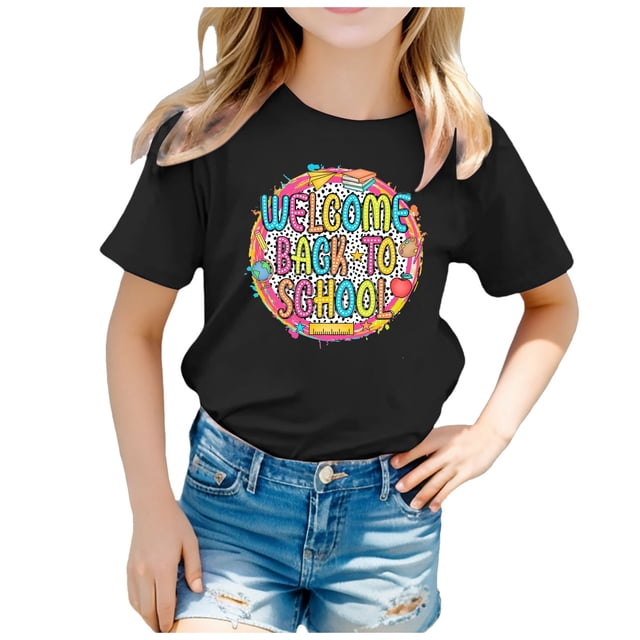 Chemises pour Tout-Petits, T-Shirt Graphique à Manches Courtes et Col Rond pour la Rentrée Scolaire, Hauts Décontractés pour Filles, T-Shirts Noirs 6 Ans-7 Ans
