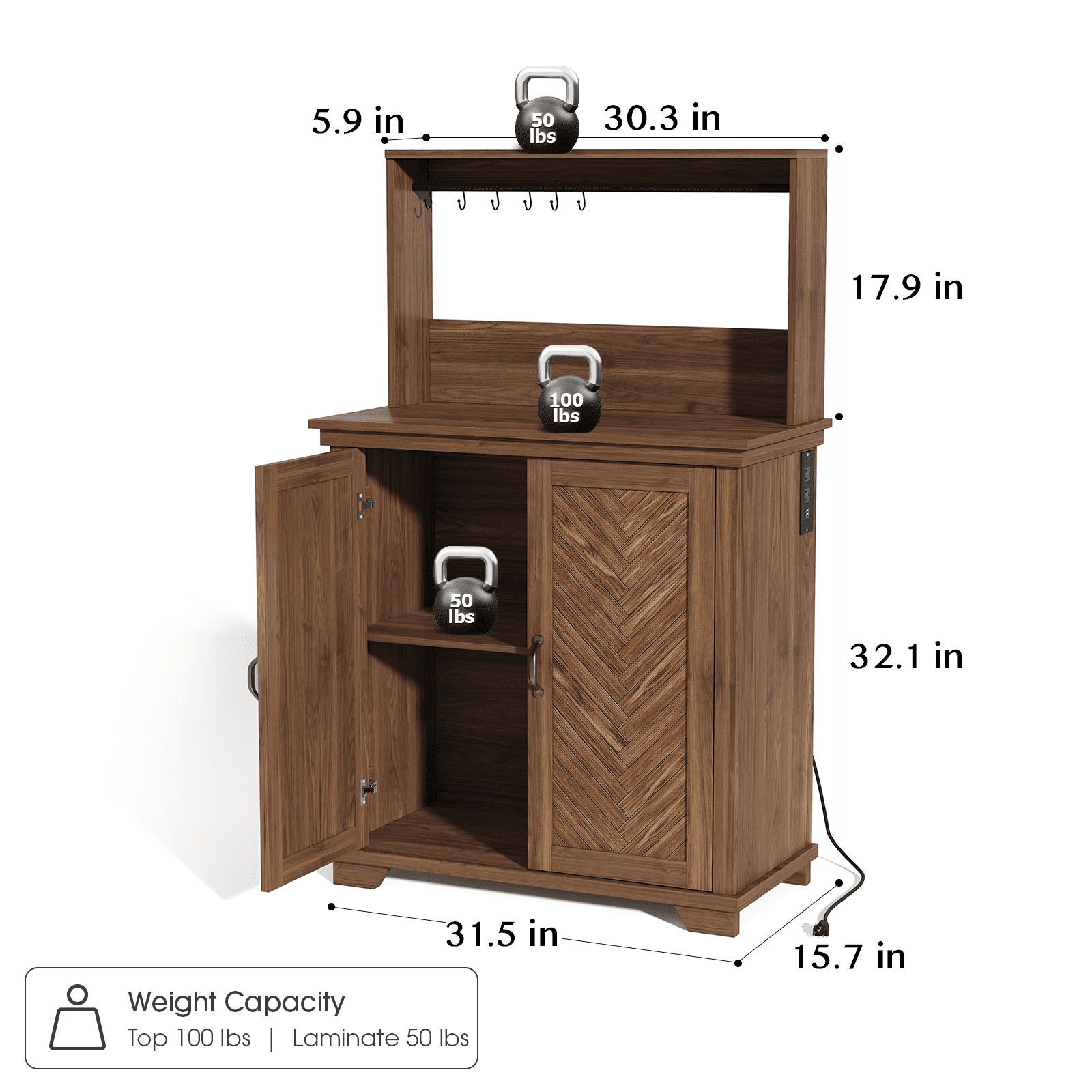 JOINICE Farmhouse Coffee Bar Cabinet with Storage and Power Outlet,Small Coffee Station with Adjustable Shelf,for Dining Room,Kitchen, Living Room,Walnut