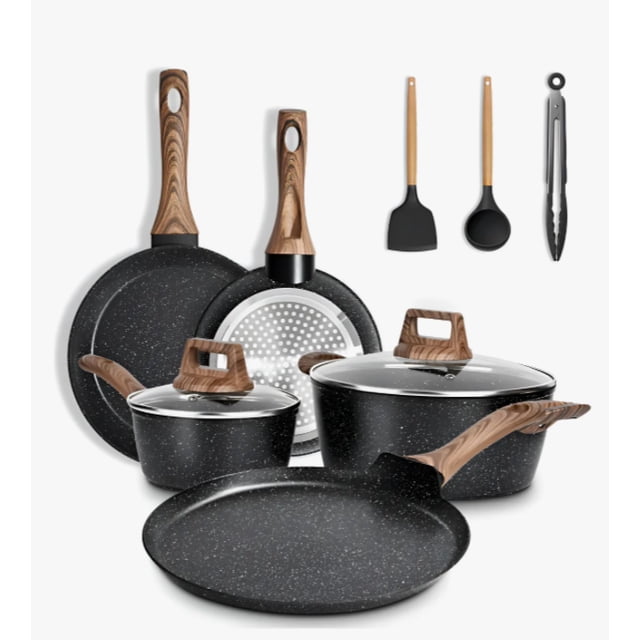 Bateria de Cocina Juego de Ollas y Sarten 10 Piezas Negro Modelo Negro