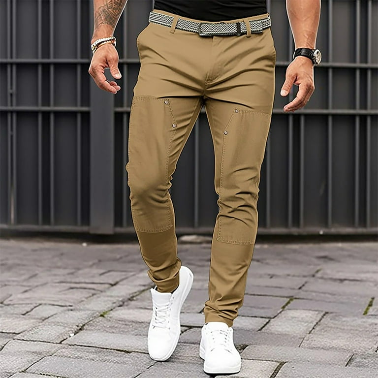 VSSSJ Men s Solid Color Tight Trousers Slim Fit Fashion Button Design Elastic Waist Straight Business Pants Casual Cotton Work Long Pants Brown XXXL Walmart
