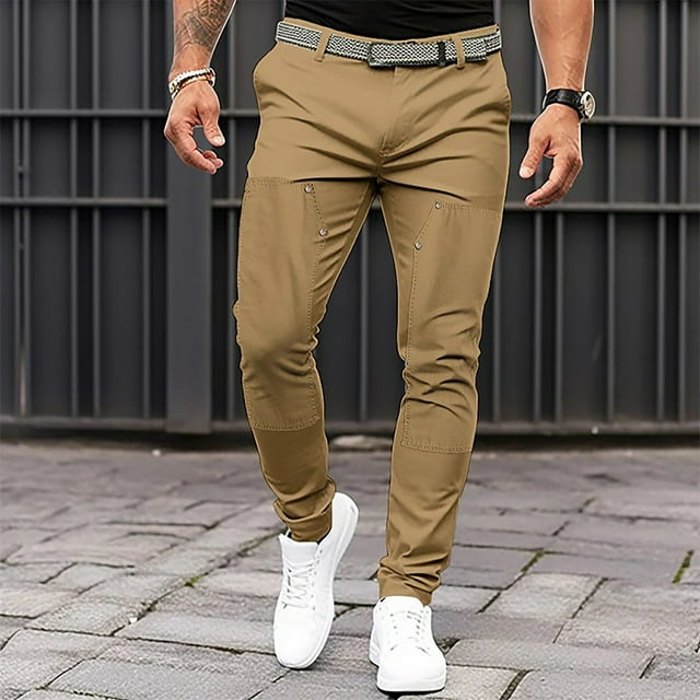 Mefallenssiah Men'S Solid Color Tight Pocket Sewing Button Design Business Casual Slim Trousers Full Length Pants