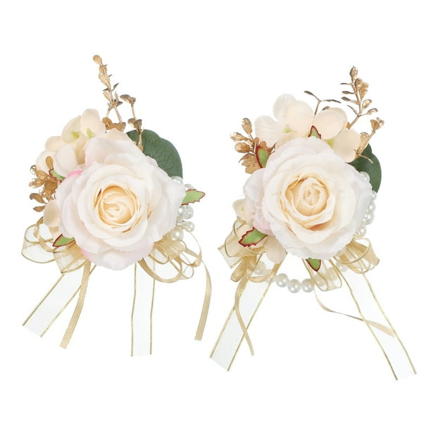 Conjunto de Corsage de Muñeca y Boutonnieres, Flores Artificiales para Boda, Champagne