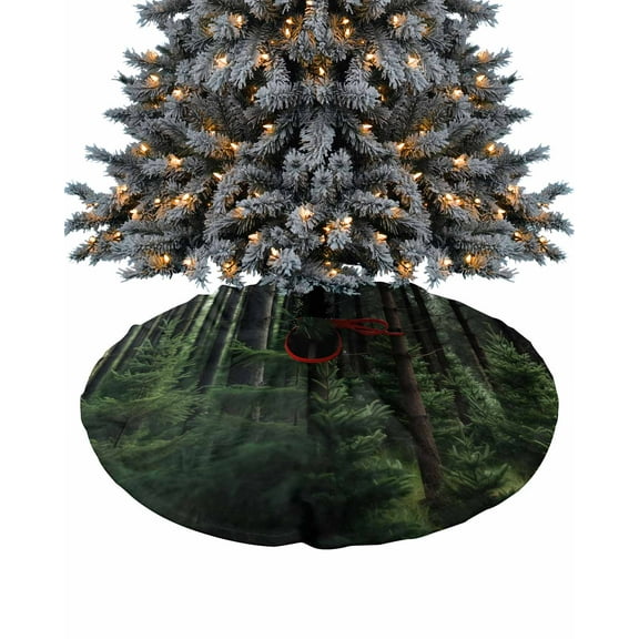 Green Forest Christmas Tree Skirt 36 Inches Large Christmas Skirt Tree, Mysterious Primitive Forest Pine Tree Tree Skirt Christmas Decorations for Fireplace Party Holidays Indoor Outdoor