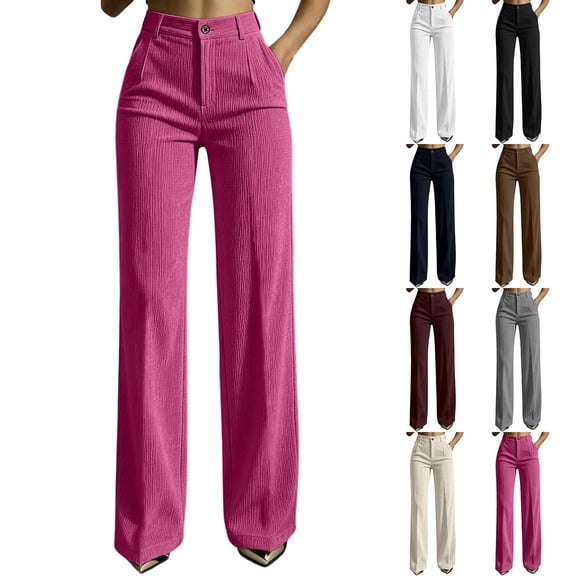 HomeDM Women's Dress Work Pants High Waisted Corduroy Casual Wide Leg Hot Pink Business Trouser Size L