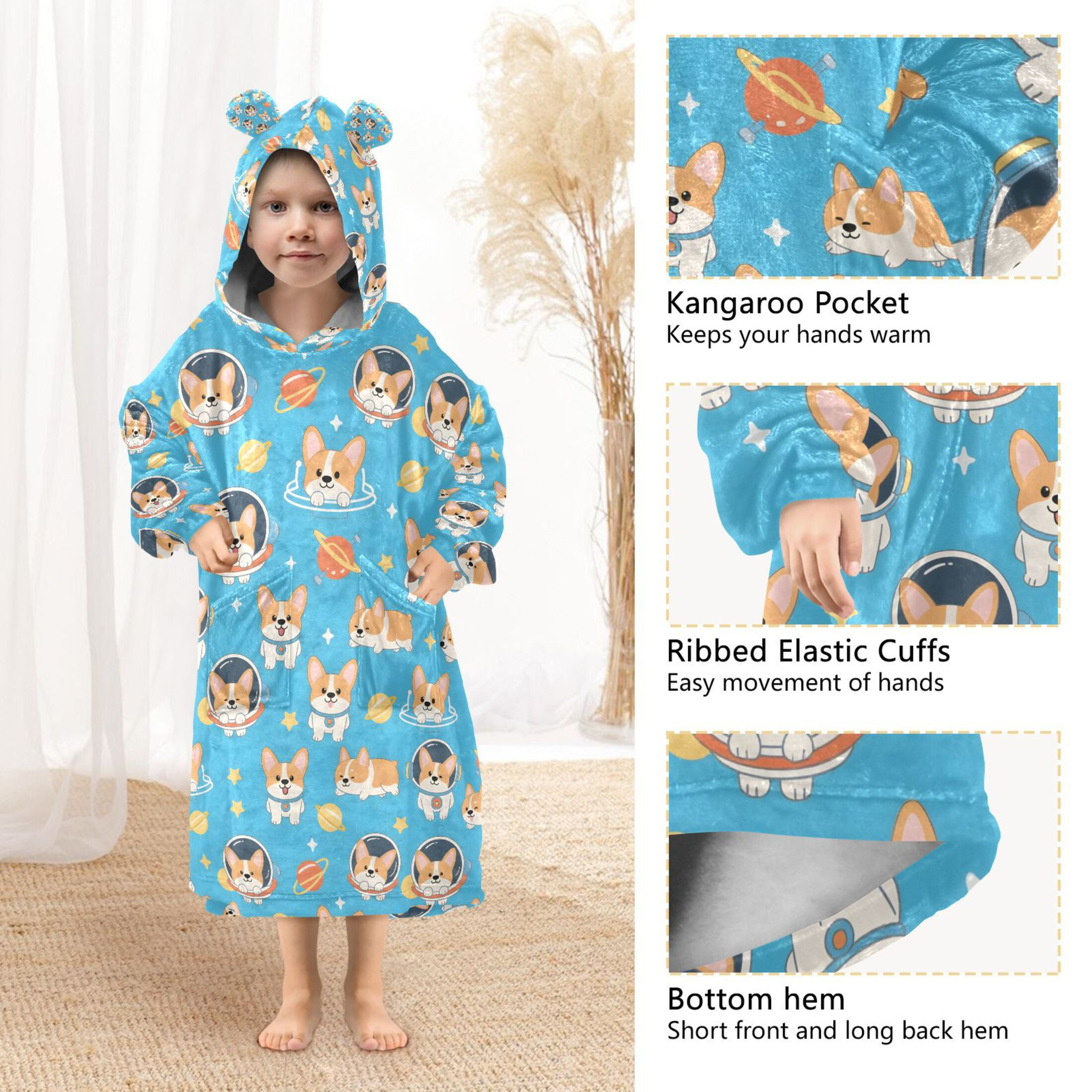 joogoo Blanket Hoodie for Cute Corgi Dog Space Oversize Sweatshirt 3-14 YR L