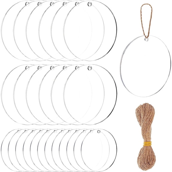 1 Set 30PCS Acrylic Keyring Blanks 2" Diameter Flat Round Acrylic Clear Keychain Blanks(2.2/3mm Thick) with 10m/bundle Hemp Cord for DIY Projects and Crafts