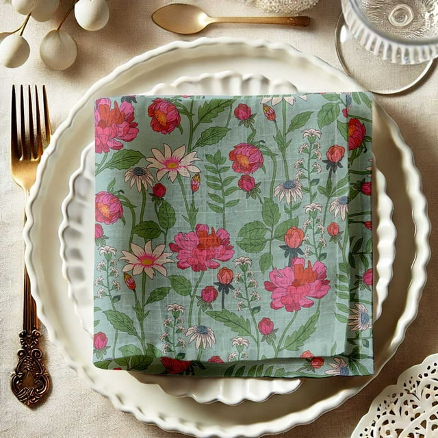 Vargottam Green FloralDesign Cotton Muslin Napkins - Set of 12, 20-Inch, Luxurious Soft Cloth Napkins for Dining & Events, Absorbent, Washable & Tableware