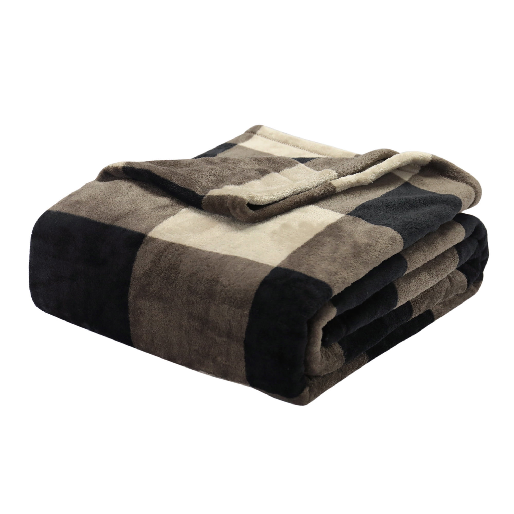 Mainstays Twin Super Soft Plush Bed Blanket in Khaki Plaid