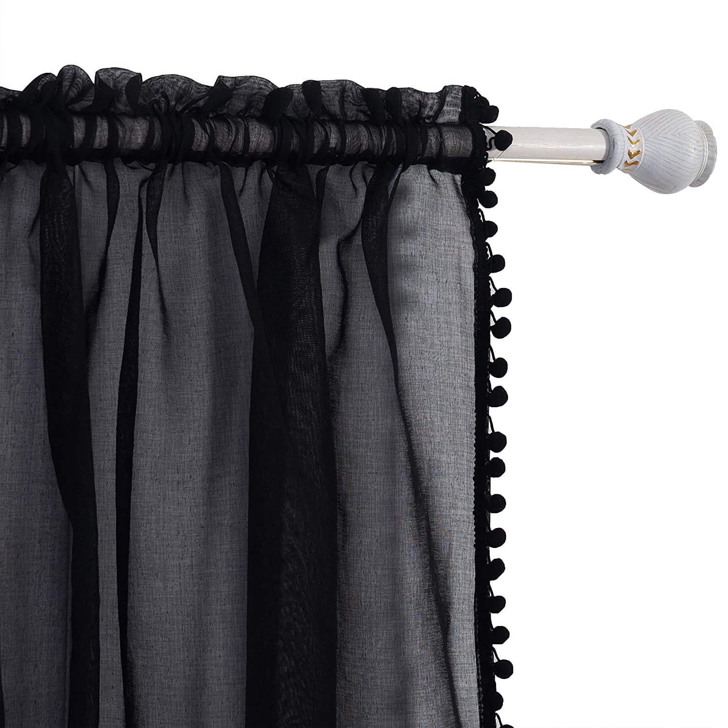 Pom Pom Tassled Sheer Curtain/Panel with 2" Rod Pocket-Set of 2 Curtain Panels,Bedroom