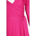 thumbnail image 5 of Bon Rosy, Women's, 3/4 Sleeve Deep V-Neck Maxi Faux Wrap Solid Plus Size Dress, Fuchsia, 1X, 5 of 6
