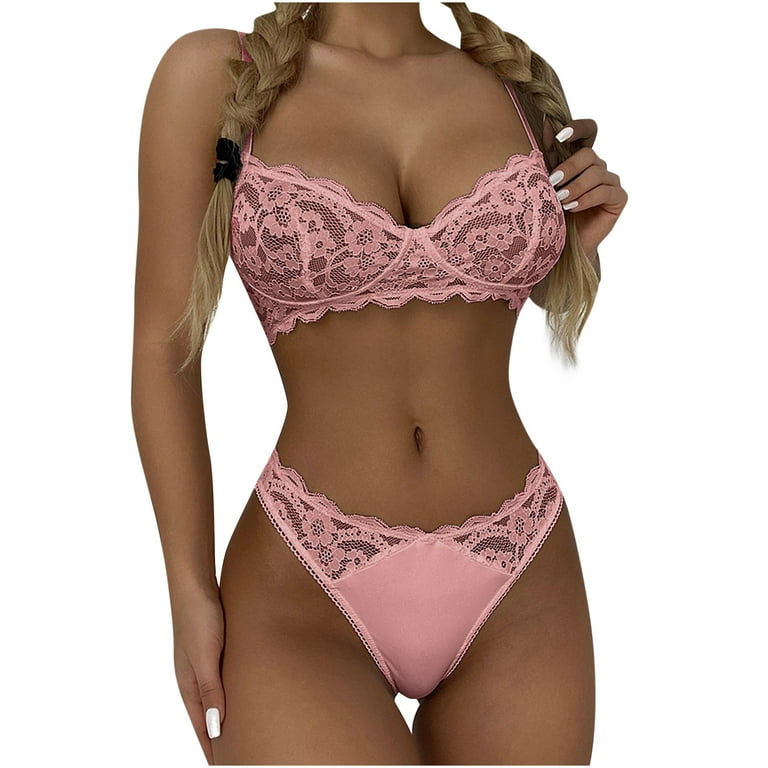 JGTDBPO Two Piece See Through Bra And Panties Set Solid Color Valentines  Day Sexy Lace Strappy Crotchless Exotic Lingerie Sets