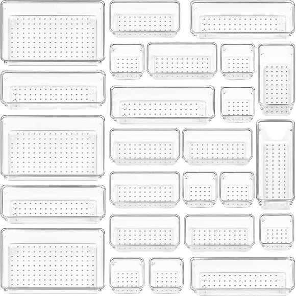 Ensemble de 25 Organisateurs de Tiroirs en Plastique Transparent, 4 Tailles Polyvalentes pour Salle de Bain et Coiffeuse