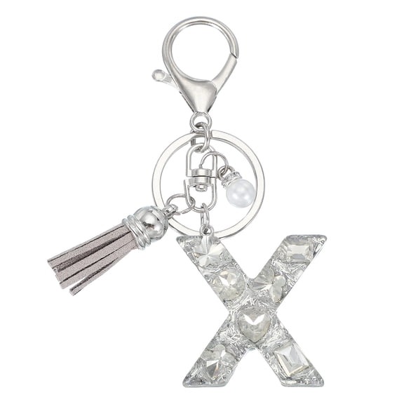 Uxcell Initial Letter Keychain with Tassel and Pearl, Bling Alphabet Letter X Keyring Rhinestone Keychains with Key Ring for Key Purse Bags Handbags Car Key Cup, Silver
