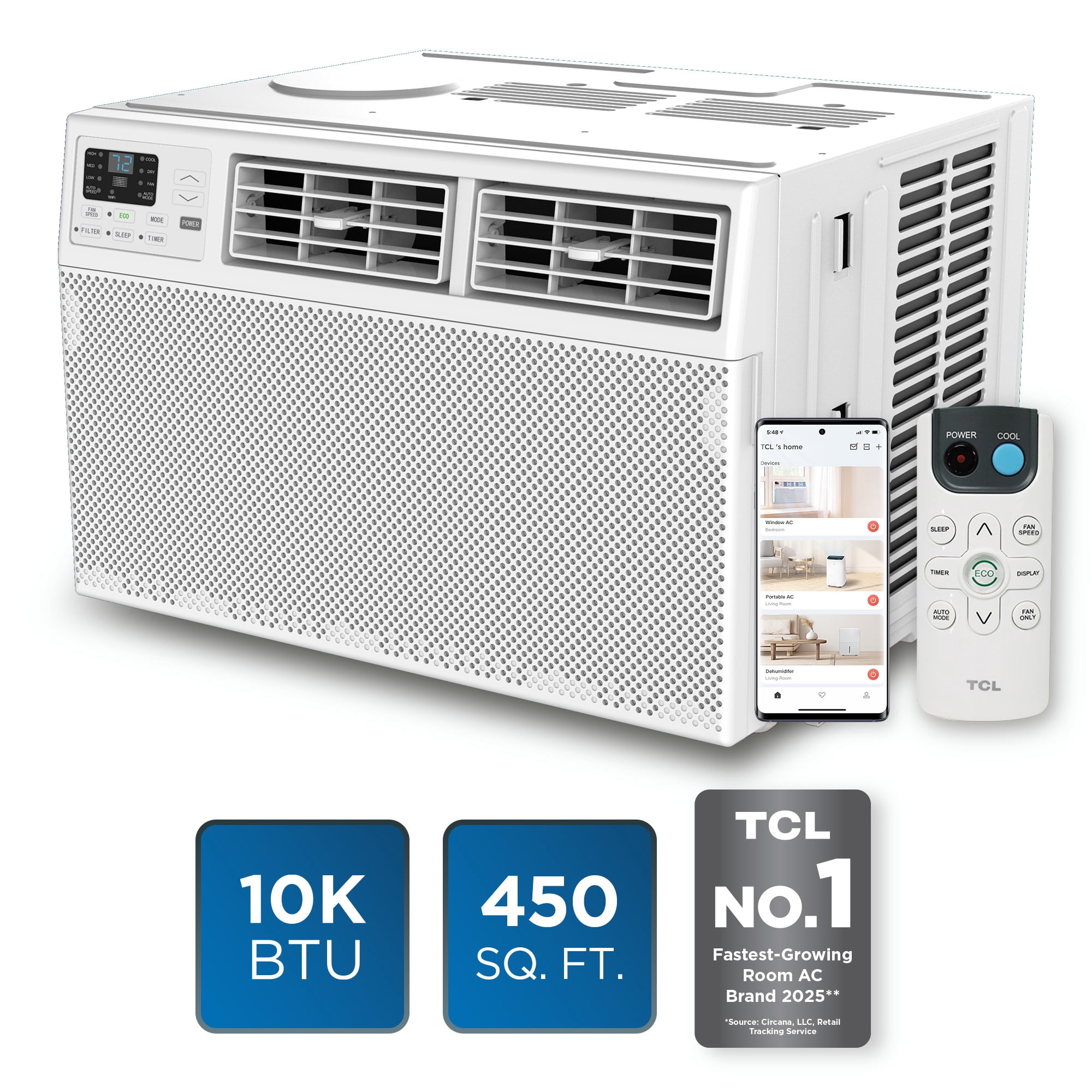 TCL 10,000 BTU Smart Window Air Conditioner (White) - 3-in-1 AC, Fan & Dehumidifier, App, Voice, & Remote Control, Sleep Mode, Eco Mode, 24-Hour Timer, Cools up to 450 sq ft - W10W92-4I