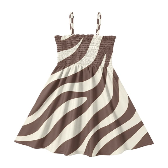Dark Brown Zebra Pattern Girls' Casual Dresses 2Y-8Y Sleeveless Ruffle Neck for Summer Daily Wear