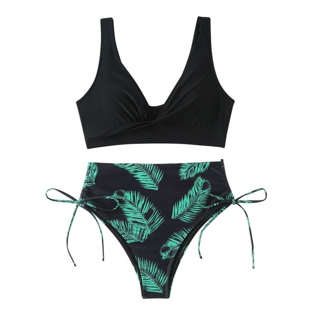 Traje de Baño de Dos Piezas para las Mujeres Impresión Hoja Sexy Estilo Dividido, Traje de Baño Conservador para la Piscina Y la Playa