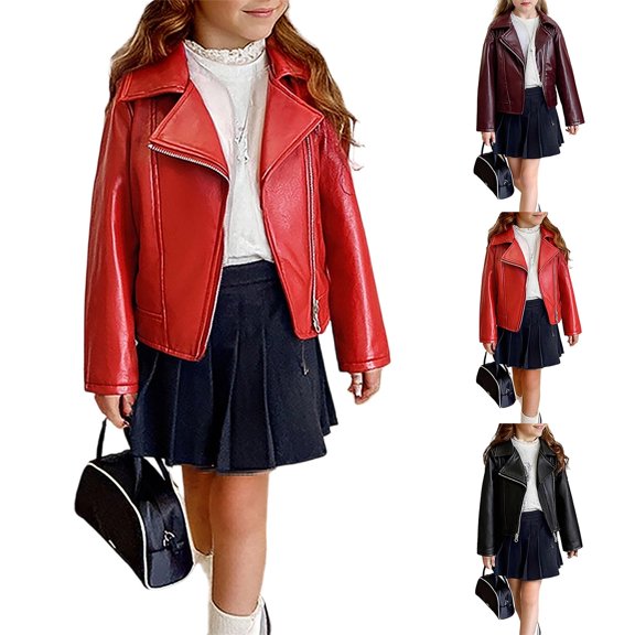Liyamei Girls PU Motorcycle Jacket with Lapel for Windproof Fall Outerwear Size 2-3 Years