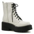 thumbnail image 2 of Soda Women Combat Army Military Riding Platform Lug Sole Block High Heel Boots Side Zipper Lace Up FLING-S White PU 9, 2 of 4