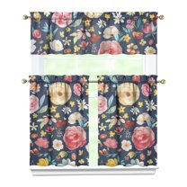 Vintage Blooming Curtains 36 Inch - 3 Panel Rustic Farmhouse Set with Bohemian Floral Design, Rod Pocket Kitchen Window Treatment Decor