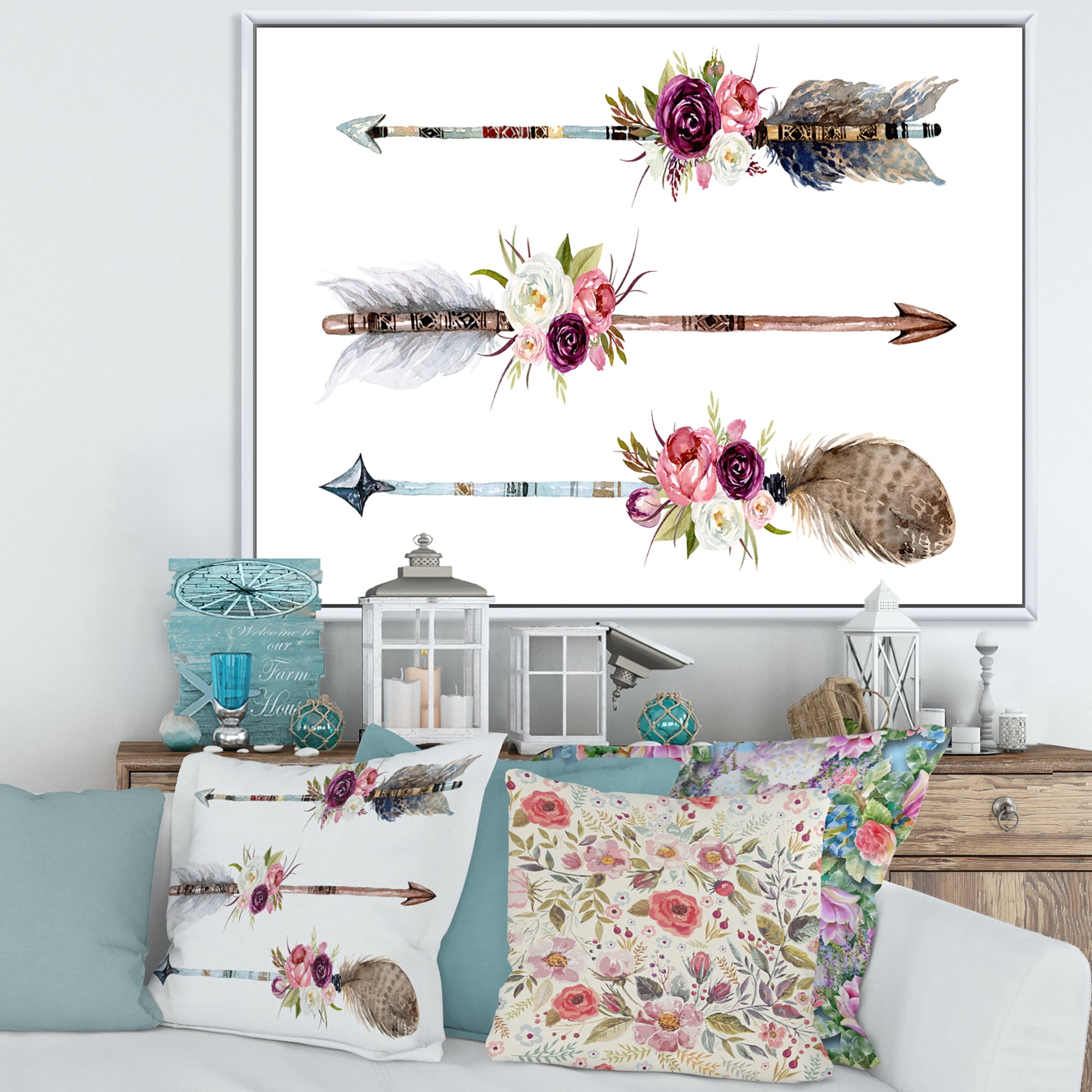 Designart 'Flowers and Ethnic Feathers On Native Arrows III' Bohemian & Eclectic Framed Canvas Wall Art Print