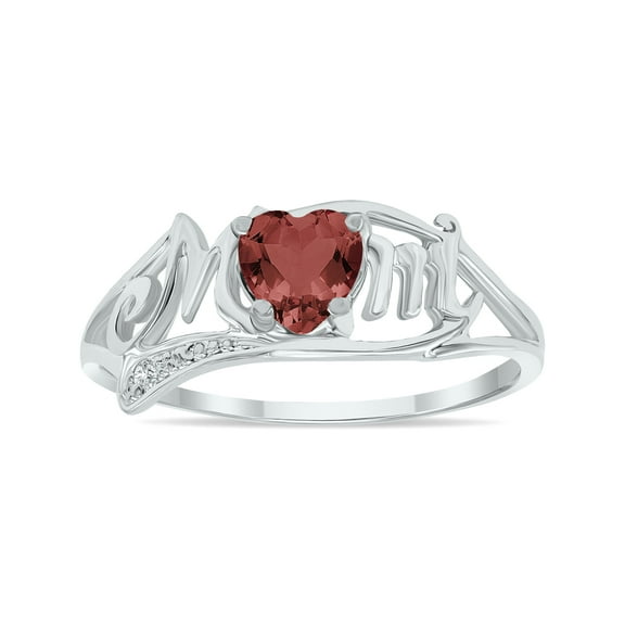 SZUL Women's Garnet and Diamond Heart Shaped MOM Ring in 10K White Gold